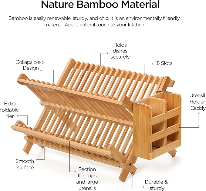 Bamboo 2 Tier Dish Drying Rack with Utensil Holder | Collapsible Dish Rack for Kitchen Counter, Large Folding Drying Holder, Dish Drainer, Kitchen Organizers and Storage - Image 3