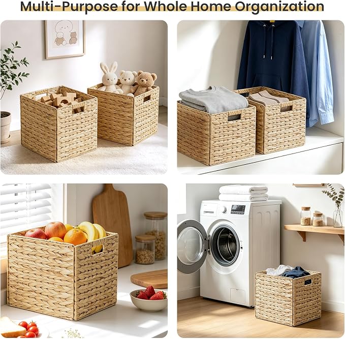 Rectangular Storage Baskets 13x11in, 4 Pack Water Hyacinth Wicker Bins with Handles, Foldable Natural Organizer for Shelves Kitchen Closet, Handwoven Storage Cubes - Image 6