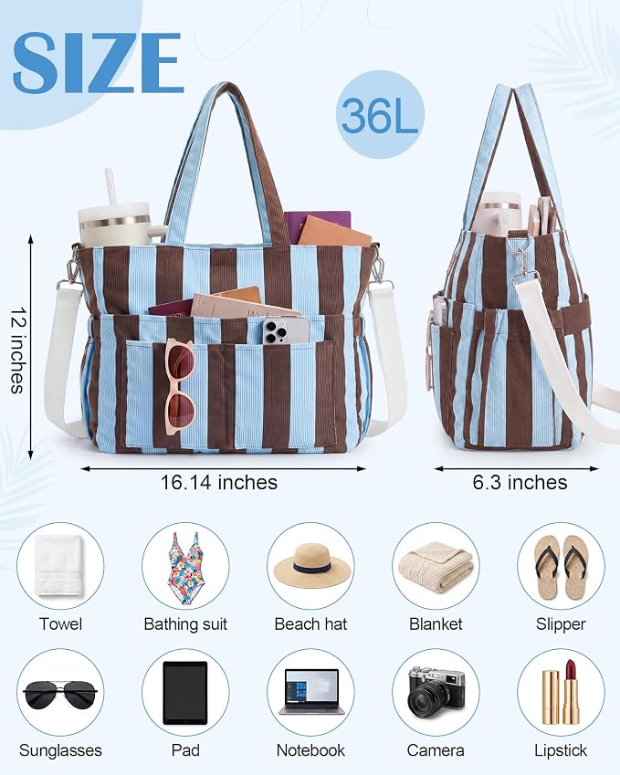 Kacctyen Striped Beach Tote Bag for Women Large Beach Foldable Tote Bag with Zipper Pockets for Travel Pool - Image 2