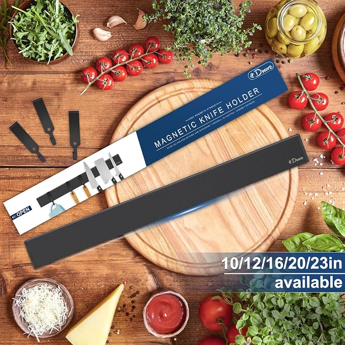 Dmore magnetic knife holder for wall—with 3 hooks, No Drilling, 16 Inch | Black knife magnetic strip, Powerful knife magnet rack, include Adhesive Tape and screws for Knives, Utensils, and Tools - Image 2