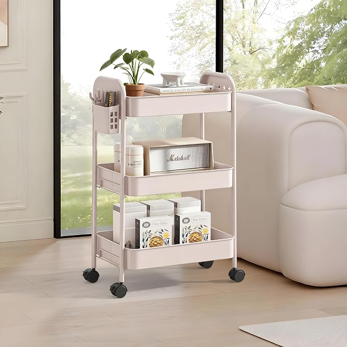Heavy-Duty Rolling Cart 3 Tier Metal Utility Storage Cart | with Casters, Hooks & Hanging Cups, Rolling Storage Organizer for Kitchen Office Craft Snack Book - Image 6