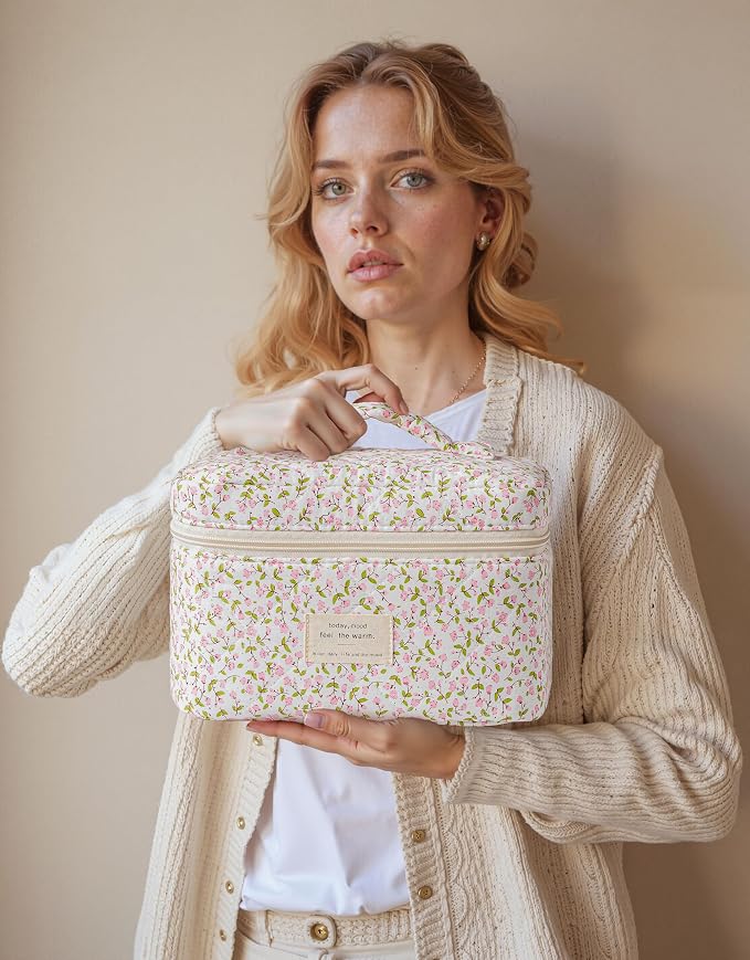 HBselect Quilted Makeup Bag, 3Pcs Cotton Large Travel Makeup Bags Organizer | Cute Floral Make up Bag Cosmetic Bag Toiletry Bag for Women Girls, Makeup Pouch for Skincare, Brushes & Travel Essentials - Image 7