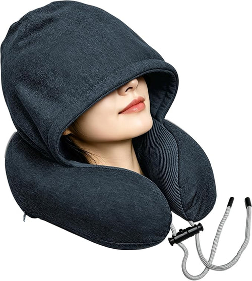 Airplane Travel Neck Pillow with Hood – Memory Foam Neck Support Pillow with Light Blocking Cover for Sleeping on Flights, Ergonomic Travel Pillow for Plane, Car & Office (dark gray, Hood neck pillow) by Unknown