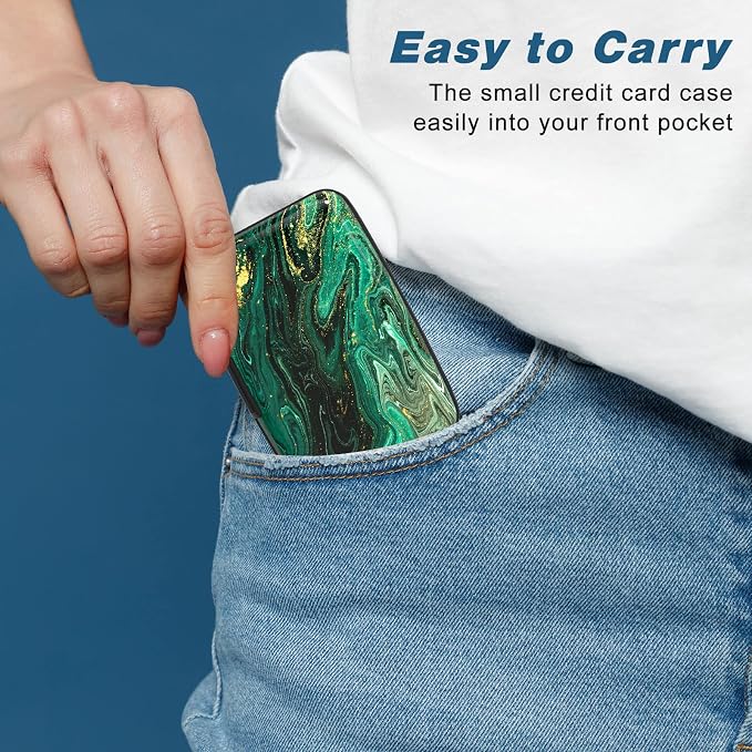 Credit Card Holder, Mini Aluminum Card Wallet RFID Blocking Slim Metal Hard Card Case for Women Men, Green Gold Marble - Image 6