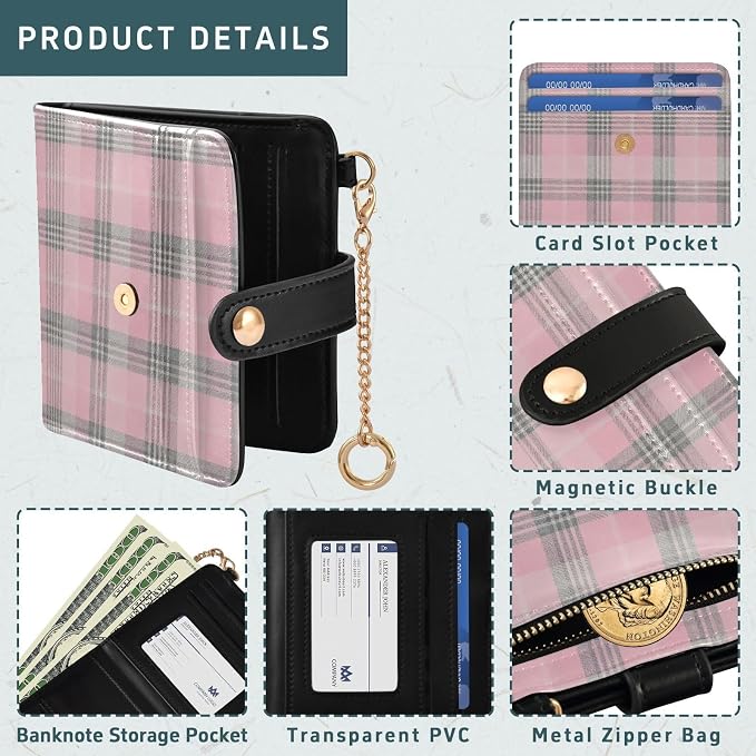 Pink Black Plaid Women's Wallets RFID Blocking,Credit Card Holder Bifold Wallet,Slim Card Cases,PU Leather Travel Wallet for men Girls - Image 5