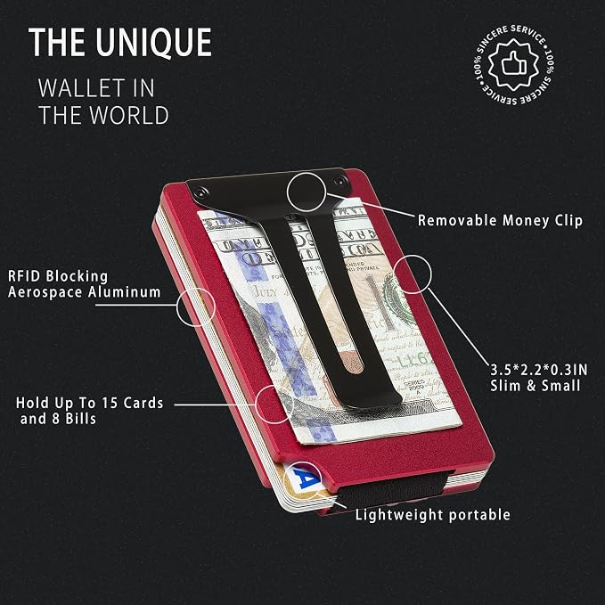 Minimalist Wallet for Men, Slim Metal RFID Blocking Wallet Credit Card Holder Money Clip & Cash Strap, Scratch-Resistant Holds 15 Cards,Ideal Gift for Men | Matt Red - Image 3