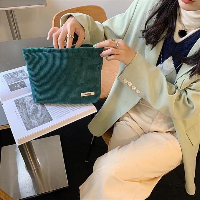 Cosmetic Bags for Women - Corduroy Cosmetic Bag Aesthetic Women Handbags Purses Smile Dots Makeup Organizer Storage Makeup Bag Girls Case Bags (Pure Dark green) - Image 2