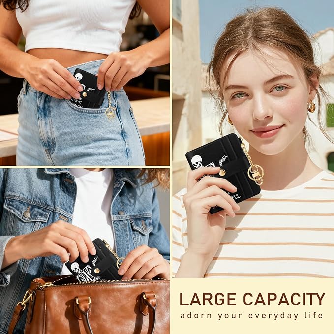Jogjam Skull Skeleton Rfid Women Wallet, Small Slim Thin Credit Card Holder | PU Leather Bifold Cash Zipper Coin Pocket ID Window, for Female Ladies Teen Girls Girly Gifts - Image 2