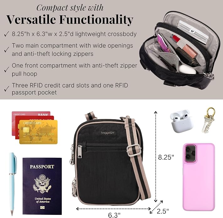 Baggallini Securtex® Anti-theft Mini Everything Crossbody Bag, 6.3"x8.25" Rfid, Locking Zippers & Cut-resistant Strap - Image 4
