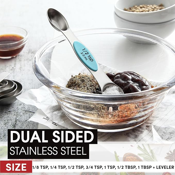 Spring Chef Stainless Steel 8 Magnetic Measuring Spoons, 2 Pack, Aqua Sky | Nesting Metal Teaspoon & Tablespoon Measuring Spoons with Leveler for Dry & Liquid Ingredients, Dual Sided, Dishwasher Safe - Image 4