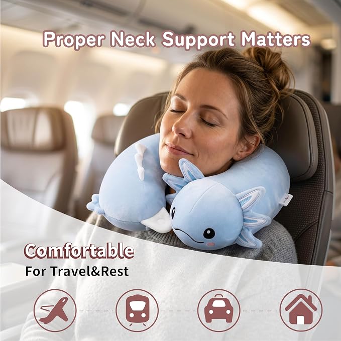 Memory Foam Travel Neck Pillow for Teens and Adults, Blue Axolotl Design | Removable cover, machine washable, 360-degree head & chin support, 17 in neck size for teens and adults, car & airplane use - Image 6