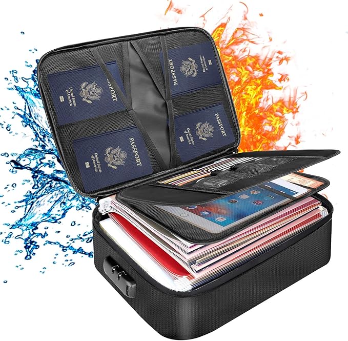 DocSafe Document Bag with Lock, Fireproof 3-Layer File Storage Box, Black | Water-Resistant Zipper, Document Safe Portable Travel Home Office Organizer Bag for Laptop,Files,Certificates, Gifts for Him by DocSafe
