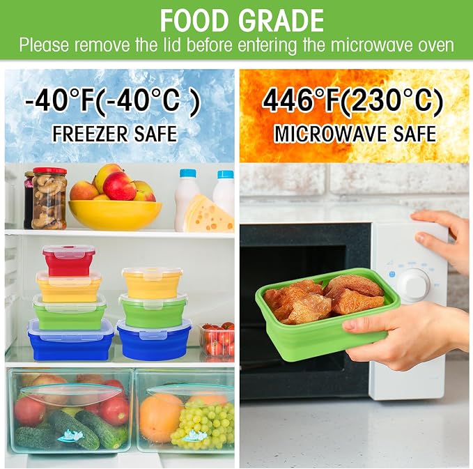 Yaomiao 16 Pack Collapsible Food Storage Container with Lid,Bright Colors | Silicone Bowls with Air Vent, Foldable Rectangle Round Bowl ,For Rv Camping Meal Prep Organizing, Microwave Freezer Safe - Image 4