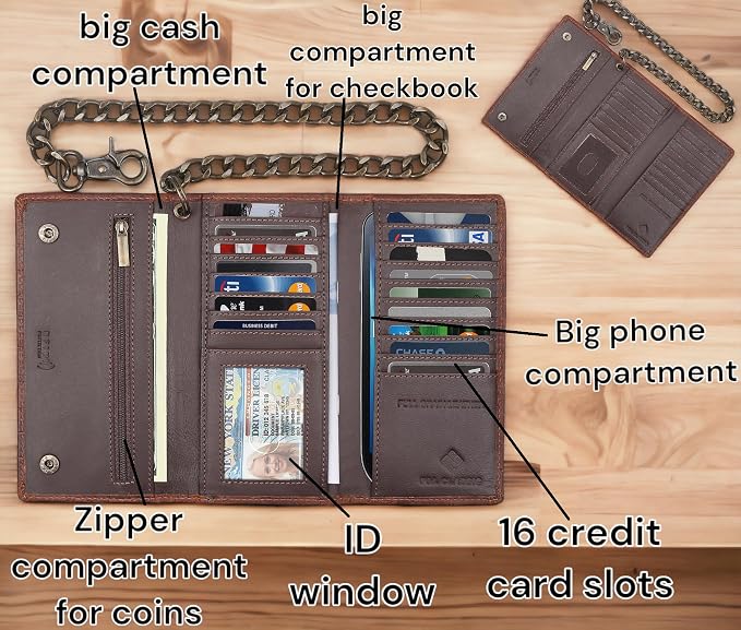 F&L CLASSIC RFID Blocking Mens Tri-fold Long Style buffalo crazy horse Leather Steel Chain Wallet,ostrich print brown,212-51 - Image 3