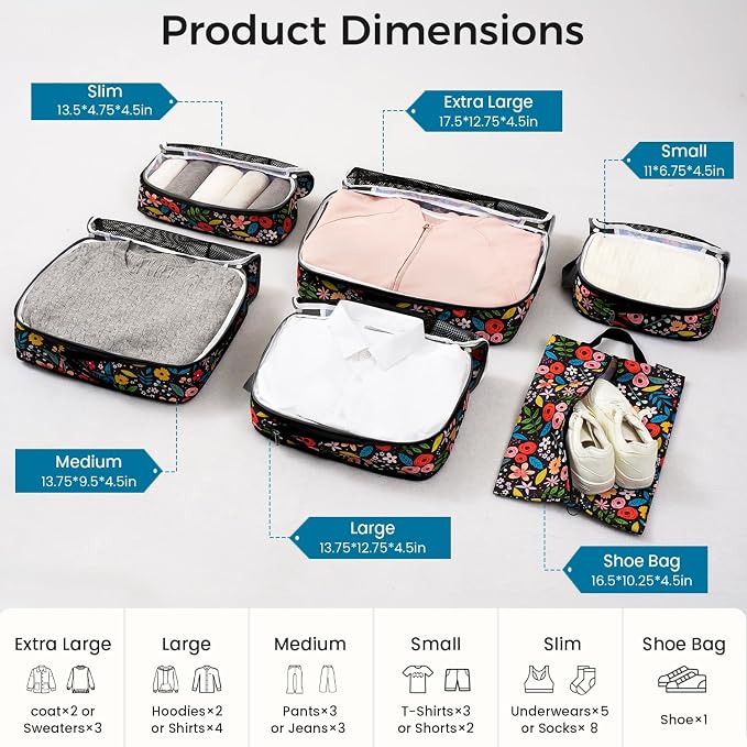 BAGAIL 4 Set/6 Set/8 Set Compression Packing Cubes Travel Accessories Expandable Packing Organizers (Half Mesh, 6-Black Floral) - Image 2