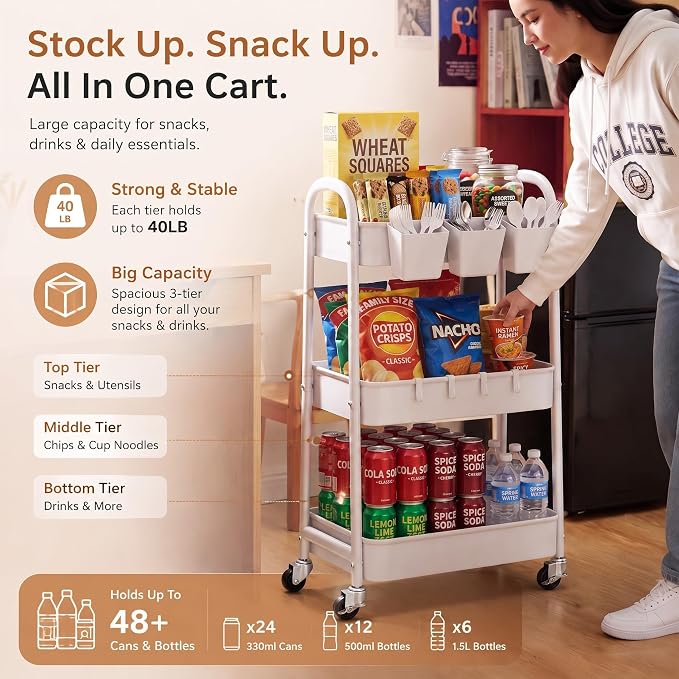 Heavy Duty 3 Tier Rolling Cart Metal with Wheels, White Three Tiered Shelf | Utility Roller Storage Carts Organizer on Wheels for Art, Craft,Baby Nursery, Diaper Caddy,Postpartum,Bedside,Cleaning Supply - Image 8