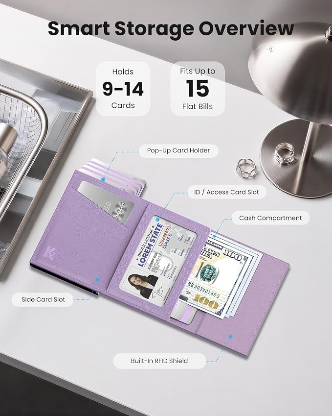 Small Wallet for Women: Slim Pop-Up Card Holder with RFID Blocking, ID Window and Cash Slot for Small Bags, Lavender Purple - Image 4