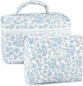 URSKYTOUS 2Pcs Cotton Quilted Makeup Bag for Women Extra Large Small Travel Cosmetic Bag Set Cute Blue Floral Print Makeup Pouch Portable Toiletry Bag Organizer Coquette Vintage Puffy Travel Essential by URSKYTOUS