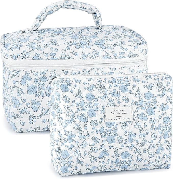 URSKYTOUS 2Pcs Cotton Quilted Makeup Bag for Women Extra Large Small Travel Cosmetic Bag Set Cute Blue Floral Print Makeup Pouch Portable Toiletry Bag Organizer Coquette Vintage Puffy Travel Essential by URSKYTOUS
