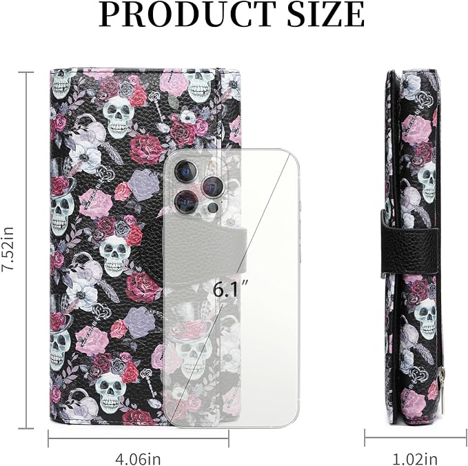 GOIACII Women's Wallet RFID Blocking Large Capacity Card Holder Ladies Phone Clutch Travel Long Purse Skull Goth - Image 3