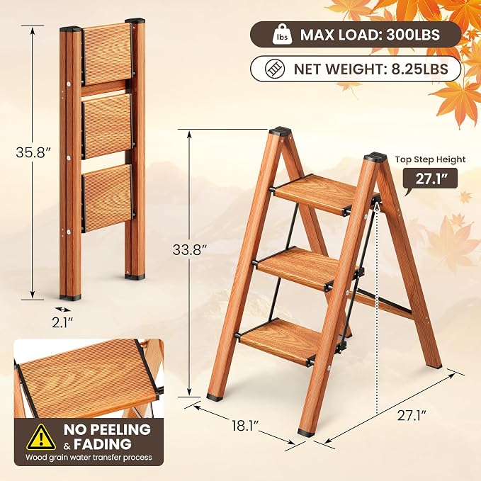 3 Step Ladder, Foldable Aluminum Step Stool with Anti-Slip Pedal | Lightweight yet Sturdy, Portable, Non Slip Feet, 300Lbs Capacity, Elegant Look, for Kitchen, Closet, Pantry, Woodgrain - Image 2