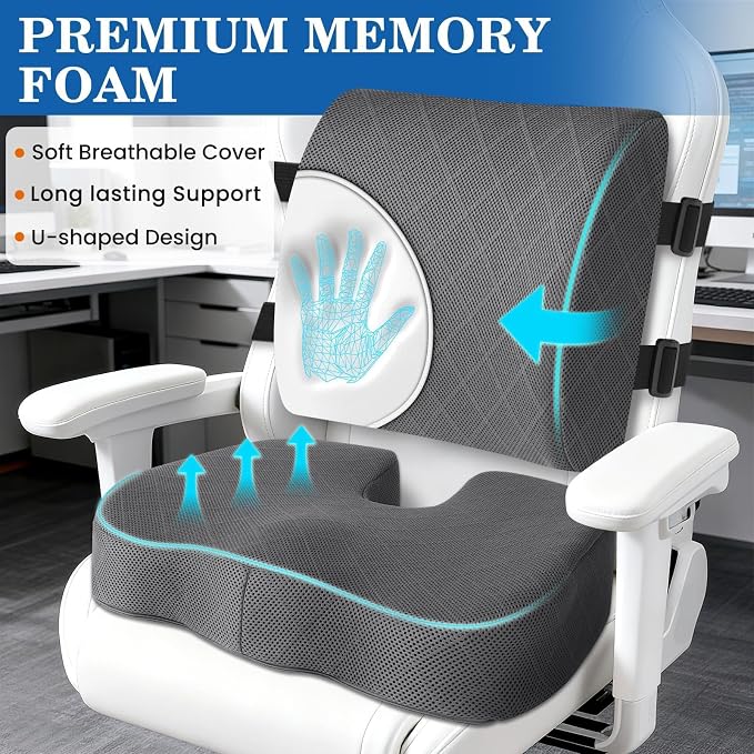 Back&Seat Cushion, Chair Cushions, Lumbar Back Support Pillow, Grey/X-Large | Breathable Memory Foam Back Support Pillow, Portable Airplane Seat Cushion for Travel, Computer Desk, Wheelchair, Driving - Image 3