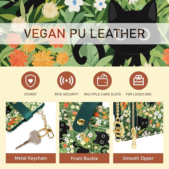 Jogjam Black Cat Floral Rfid Women Wallet, Small Slim Credit Card Holder | Thin, PU Leather Bifold, Cash Zipper Coin Pocket, ID Window, For Female Ladies Teen Girls Girly, Down Size - Image 6