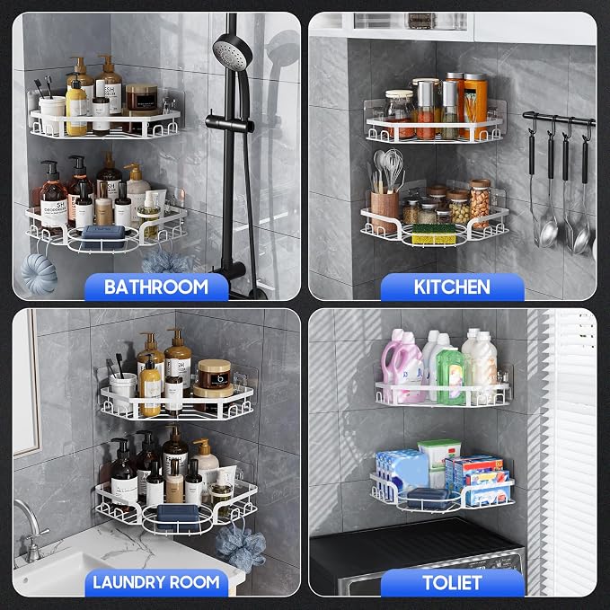 Corner Shower Caddy, Rustproof Shower Organizer with Soap Holder and 8 Hooks, No Drilling Adhesive Shower Shelves for Inside Shower, Large Capacity Shower Rack for Bathroom Shower Storage, White - Image 8