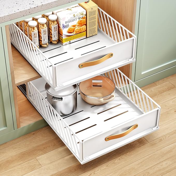 Pull out Cabinet Organizer,Heavy Duty Slide out Pantry Shelves Drawer Storage with Adhesive Nano Film,Sliding Mesh Cabinet Basket with Handle for Kitchen, Bathroom, Home, 15.8"W X 21"D X 6.2"H,White by Kitstorack