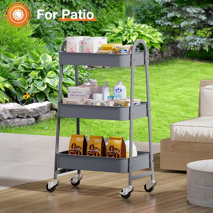 NEWBULIG 3-Tier Metal Rolling Storage Utility Cart with Lockable Wheels | Mobile Organizer Shelf, Space-Saving, Freestanding, Bathroom, Living Room, Slim, Narrow Corner Spaces, Grey - Image 8