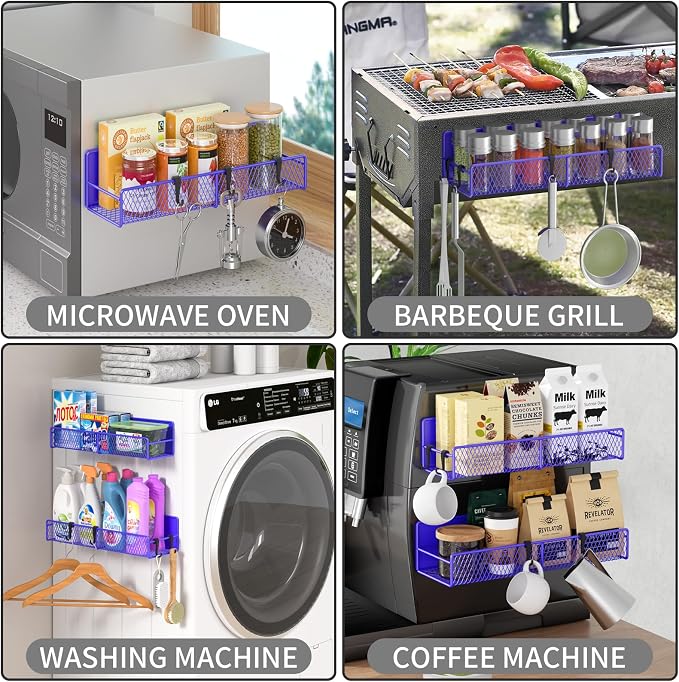 Magnetic Spice Rack for Refrigerator, 2 Pack 100% Metal Strong Magnet Shelf, Space Saving Spice Organizer W/ Hooks, Movable Magnetic Fridge Shelf, Kitchen Home Laundry Storage Organization,Purple Blue - Image 6