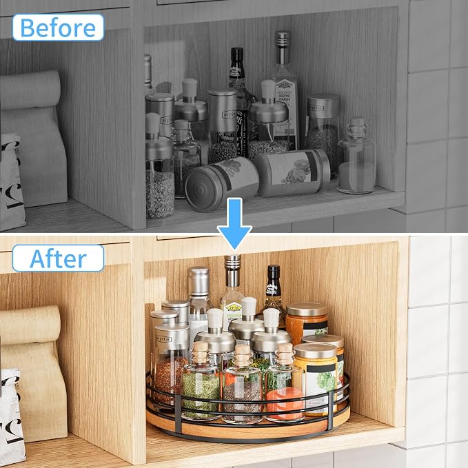 12" Lazy Susan Turntable Organizer - Oak Wood Lazy Susan for Cabinet Kitchen Countertop Dining Table Pantry Cupboard Bathroom Coffee Bar Storage Spice Rack Home Decor - Image 6