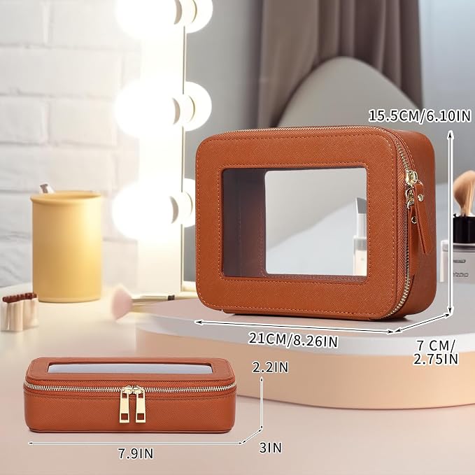 Pinkmik Travel Clear Makeup Bag, (Brown, M+SLIM) | Brush Case, TSA Approved Toiletry Bag, Waterproof Cosmetic Organizer with Zipper, Car Essential for Women - Image 4