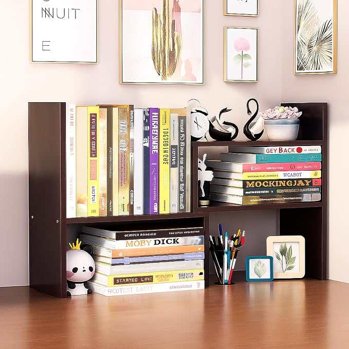 Desktop Shelf Organizer, Adjustable Wood Office Storage Rack, Counter Display Small Bookshelf for Home/Office/School(Dark Walnut) by IUSEIT