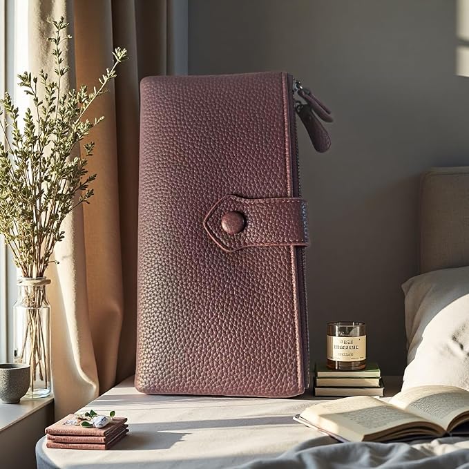 Women Slim Wallet Rfid Blocking With Passport And Credit Cards Holder Purse For Minimalist Soft Leather Zipper Monederos (wine red) - Image 2
