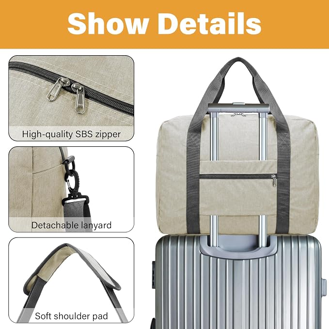 30L Foldable Underseat Travel Duffel Bag 17.3"x13.8"x7.9" – Lightweight Carry on Luggage for Women and Men, Waterproof Overnight Bag, Gym Sport Holdall, Hospital Tote with Trolley Sleeve, Beige - Image 3