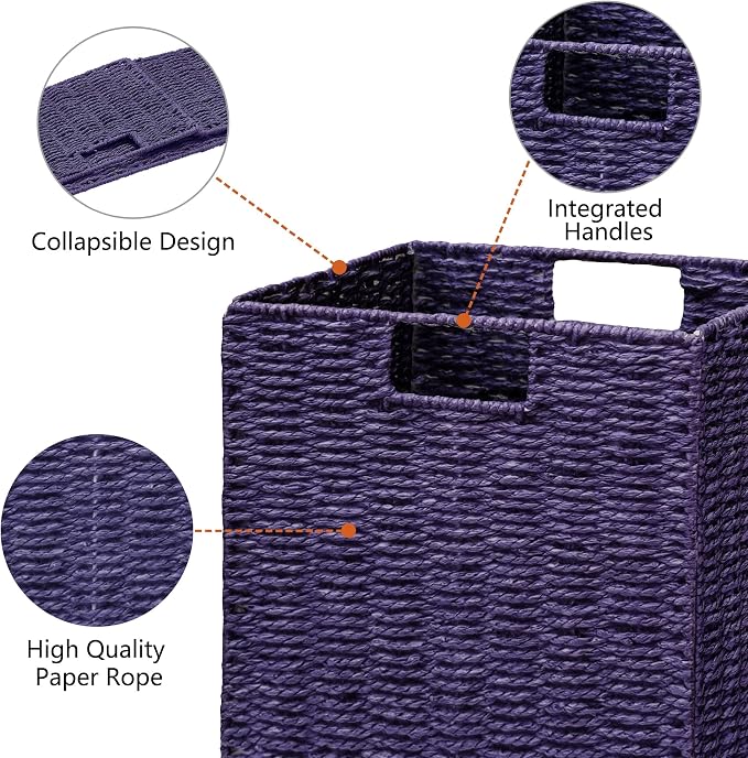 Wicker Storage Basket, Set of 2 Hand-Woven Paper Rope Wicker Basket, Foldable Cube Storage Bins, Square Large Storage Baskets for Organizing Shelves, Decor, Orange (13″×13″×13″) - Image 2