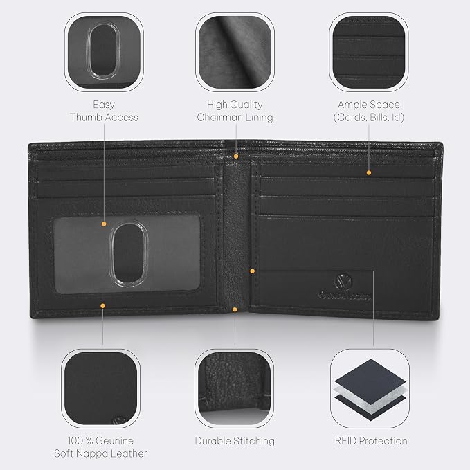 VALENCHI Genuine/Real Leather Bifold Wallet For Men - RFID Blocking/Protected Men's Slim Wallet - Christmas Gifts For Men (Black Nappa BF01) - Image 3