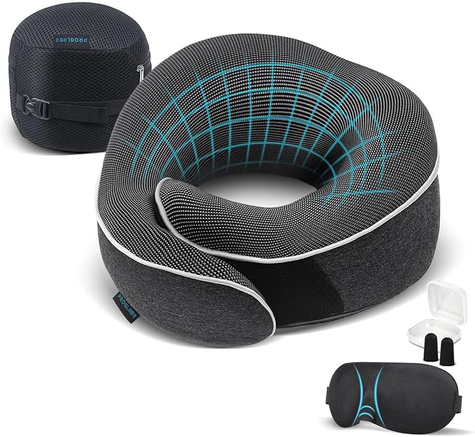 Travel Pillow, 100% Memory Foam Airplane Neck Pillow, Dark Grey | Sleeping Support Pillow for Adults, Car Travel Essentials Kit with 3D Contoured Eye Mask, Earplugs and Mesh Bag by ProGlobe