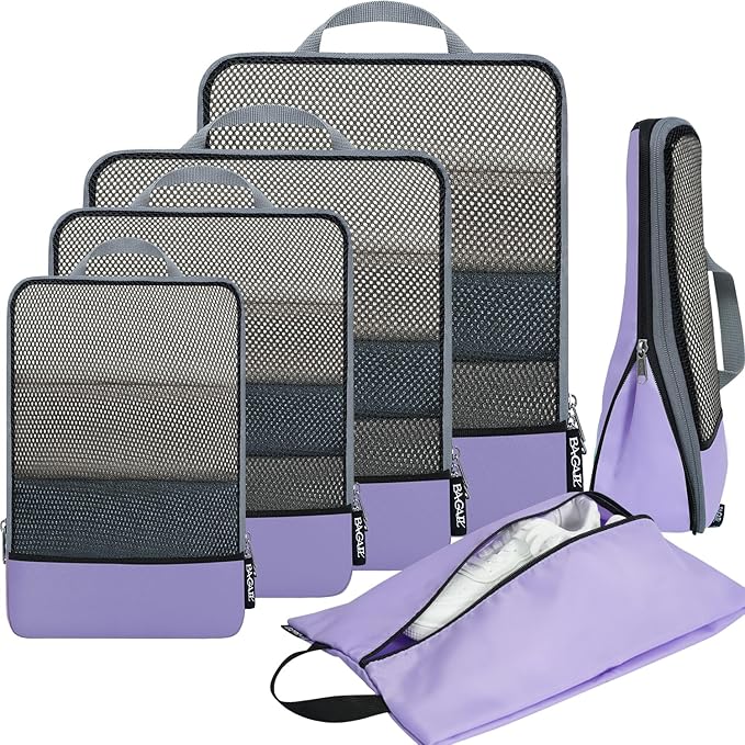 BAGAIL 4 Set/6 Set/8 Set Compression Packing Cubes Travel Accessories Expandable Packing Organizers (Half Mesh, 6-Lavender) by BAGAIL