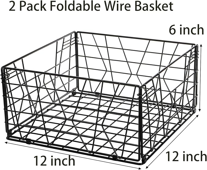 TOPZEA 2 Pack Black Metal Food Storage Basket for Pantry Organization, Foldable Wire Cabinet Organizers with Handle, Canned Goods Snack Baskets Freezer Bins for Organizing Kitchen, Bathroom, Garage - Image 2