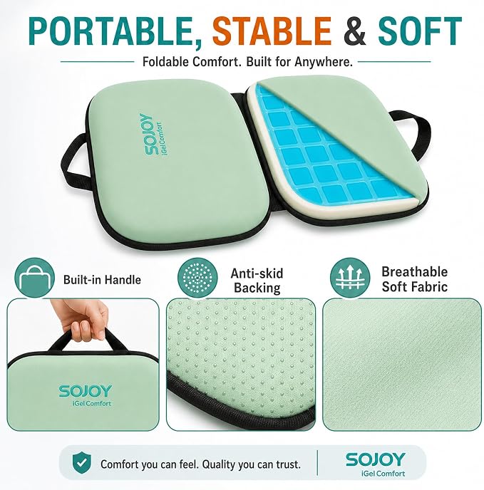 3-in-1 Foldable Gel Seat Cushion with Memory Foam Ergonomic Portable Cushion for Back Pain & Tailbone Relief - Perfect for Office Chair, Airplane Travel & Stadium Seats (18.5" x 15" x 2" Green) - Image 4