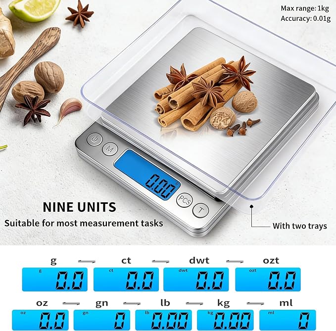 Digital Gram Scale 1000g/0.01g, Scale for Food Ounces and Grams, Upgrade USB Charging Kitchen Scale Digital Weight for Cooking, Baking, Tare Function, 9 Units, 2 Tray - Image 5
