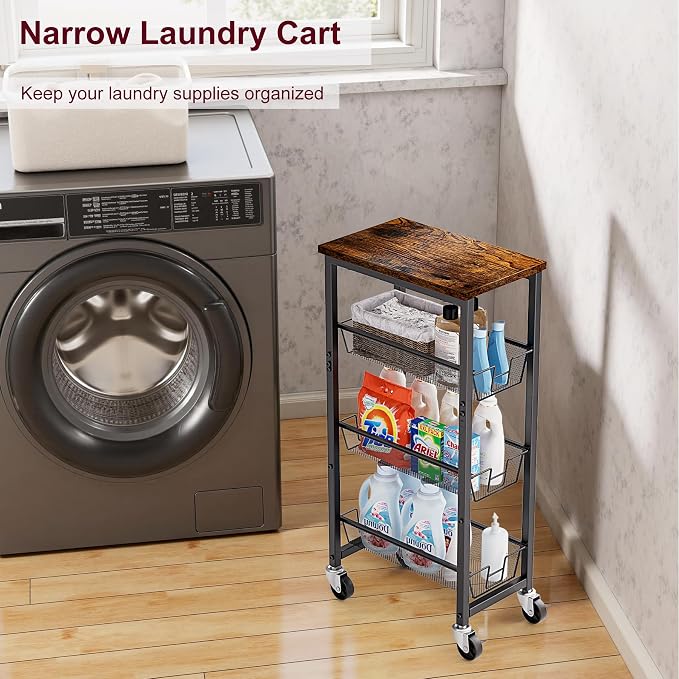 Slim Rolling Cart, 4-Tier Storage Cart, 9.1inch Narrow Kitchen Rolling Cart on Wheels for Small Space, Utility Cart Shelving Unit with Wooden Top and Metal Handle for Kitchen, Bathroom, Laundry Room - Image 3