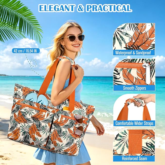 HUANLANG Large Beach Bags for Women Pool Bag with Zipper, Waterproof Sandproof Beach Tote Travel Bag with Wet Pocket - Image 4