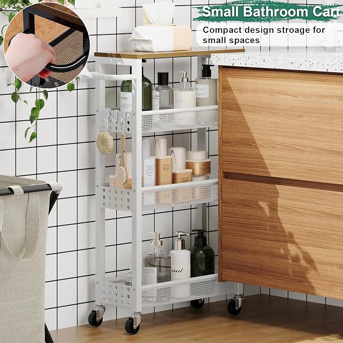 Laundry Room Slim Rolling Cart with Wheels for Between Washer and Dryer Gap | Utility Narrow Laundry Room Organization and Storage Shelves, White Skinny Shelf with Table Top,Detergent Organizer Cabinet - Image 6