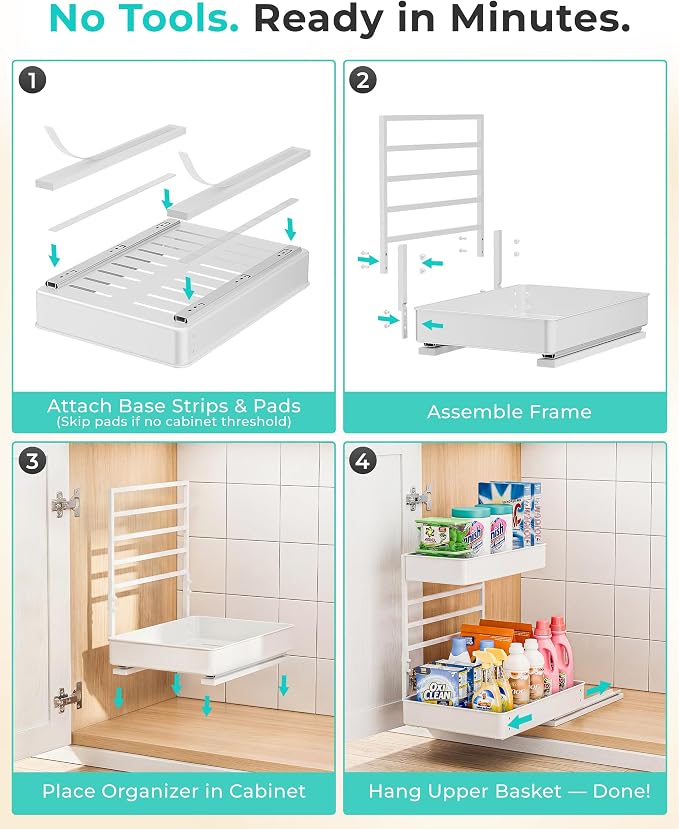 EVERIE Metal Pull Out Slide Shelf Organizer for Framed or Frameless Under Sink CabinetsOrganization in Kitchen, Bathroom, Counter, Cabinets (White, 1 Set) - Image 7