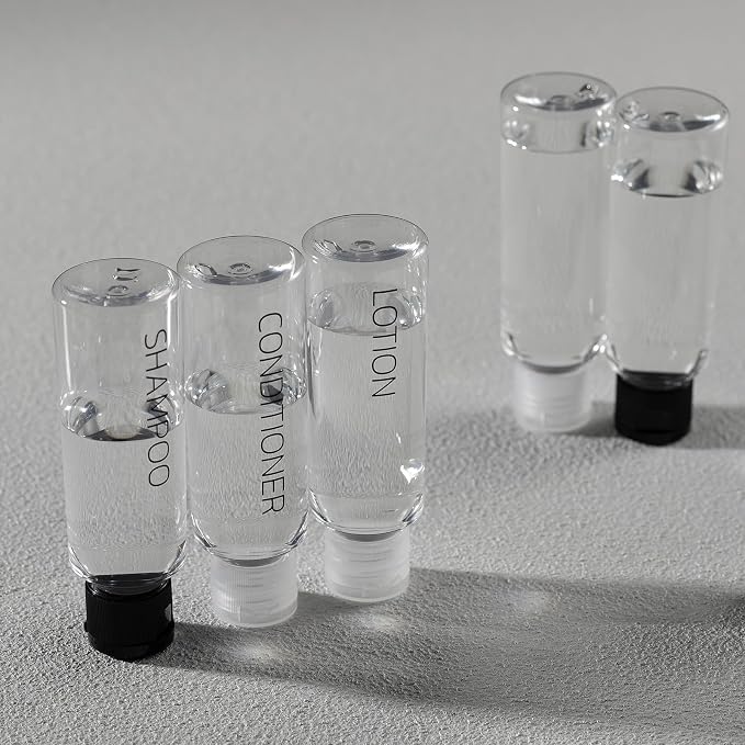 LISAPACK 3.4 oz Travel Containers for Toiletries, 6pcs Shampoo Bottles Kit | 100ml hard plastic labeled clear dispenser for conditioner, lotion, empty lettering carry on sets, flip cap, leak proof, TSA - Image 2