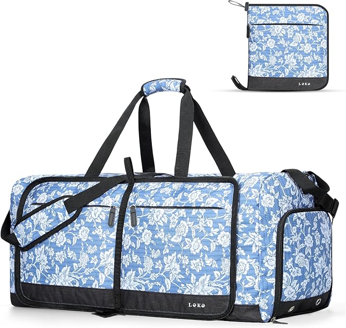 Lekesky Foldable Travel Duffle Bag for Women, Large Duffel Bag with Separate Shoes Compartments & Straps, Carry On Weekend Bag for Women (Blue Floral Print, 80L) by LEKESKY