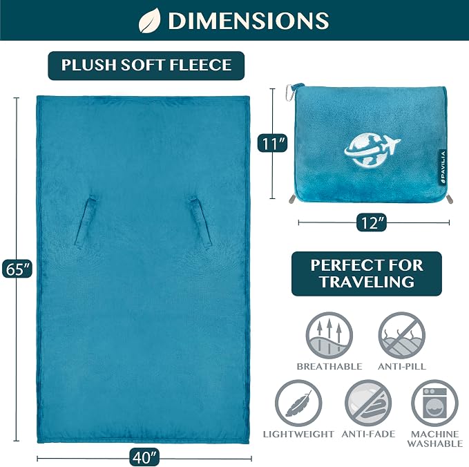 PAVILIA Travel Blanket and Pillow, Arms Opening Airplane Blankets for Adults, Compact Plane Blanket with Arm Hole 2-in-1 Bag for Flight Car Camping Fit in Luggage Backpack Traveler Gift, Teal Blue - Image 7